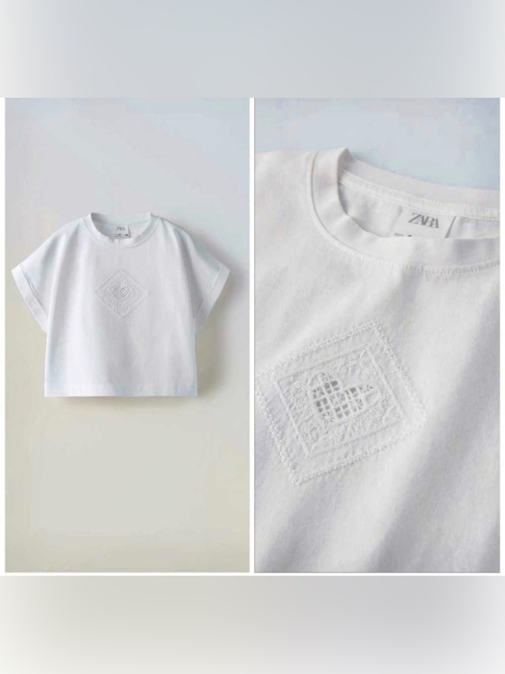 Zara White Embroidered Cotton Tee cropped. Rolled sleeve XS/ S